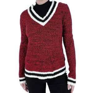 Say What? Red Cream and Black V-neck Varsity Sweater M